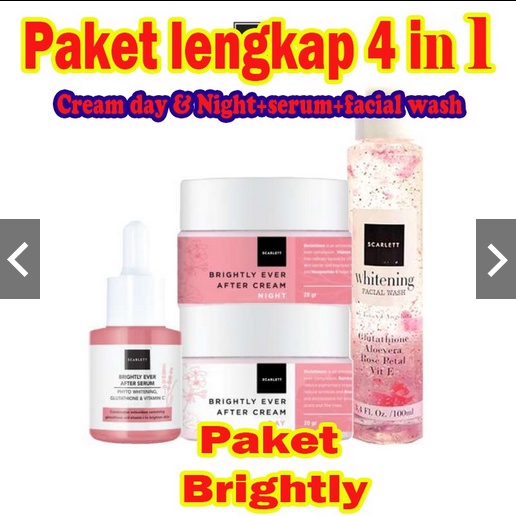 PAKET HEMAT SCARLET WHITENING BRIGHTLY 4 in 1 (CREAM DAY+NIGHT+SERUM+FACIAL WASH)