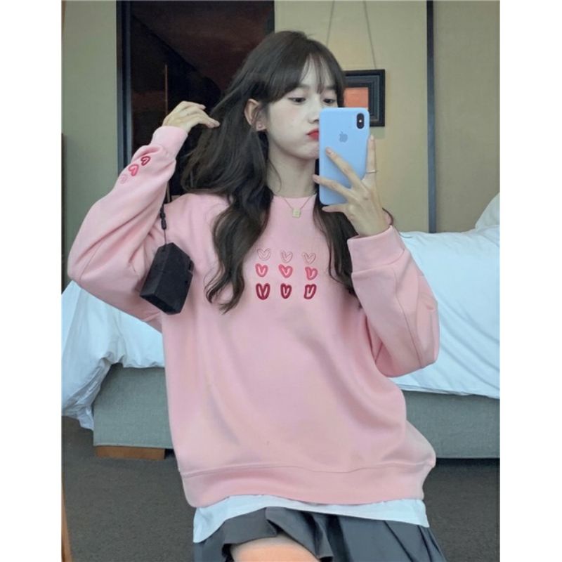 Sweater LOVE HEART (SABLON) BIG SIZE (S - 6XL) Jaket Wanita Oversize Korean Fashion Cute Loose Long Sleeve Jumbo 5XL 4XL 3XL 2XL XL L M Harajuku Sweatshirt Pink Tosca Soft