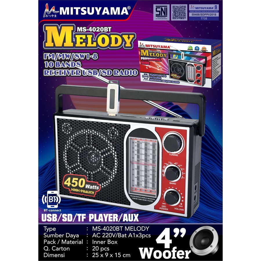 COD Radio Bluetooth Portable Mitsuyama MS-4020BT Melody FM/AM/SW1-8 10 BANDS/RECEIVER USB/SD RADIO