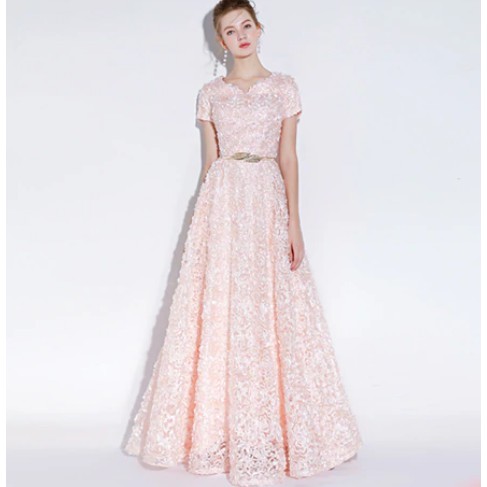 2020 Elegant Evening Dress Simple Pink Lace Floor-length Formal Dresses with  Belt Custom Party Gown