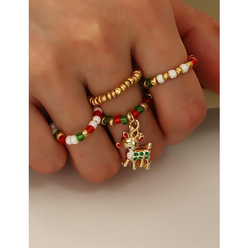 LRC Cincin Fashion Christmas Red And Green Rice Bead Beaded Ring Set Q49549