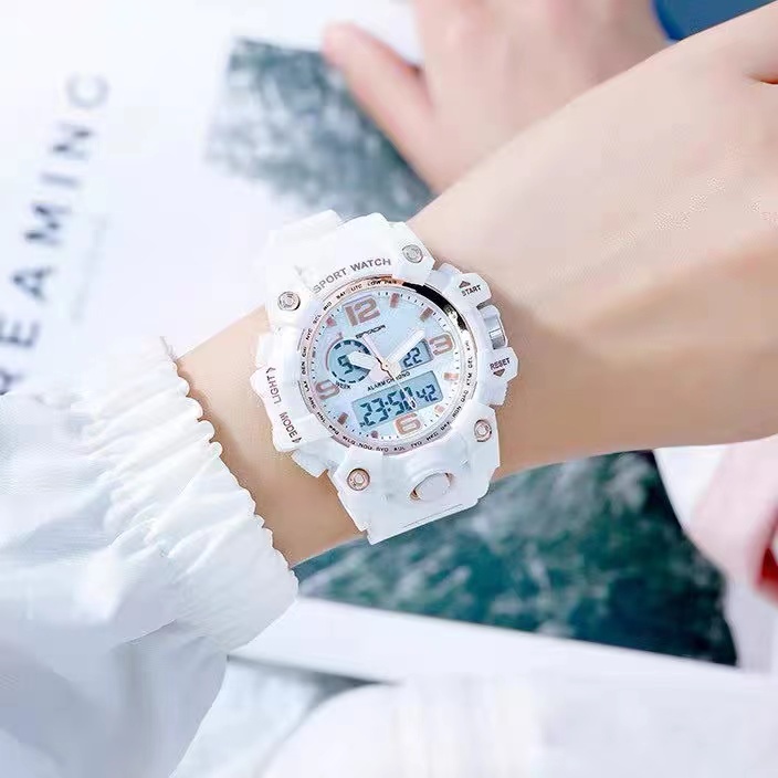 PROMO ANTI AIR RUBBER JAM TANGAN PRIA SPORT FASHION  DUAL-TIME  LIST PUTIH WANITA WATCH FREE G2
