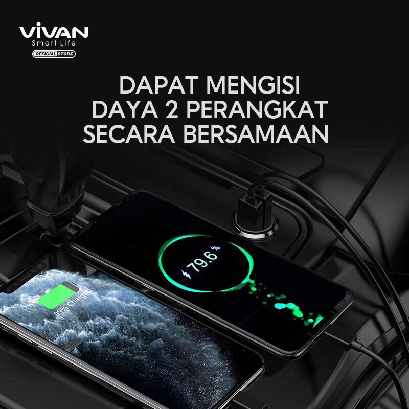 VIVAN Car Charger VCC01 2.4A Dual Port Small &amp; Portable with Charging Cable 100cm Garansi 1 Tahun