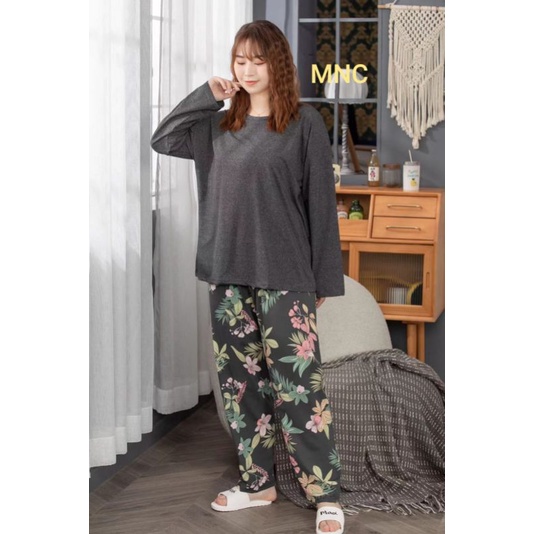 PIYAMA PP WANITA IMPORT SPANDEX|BIGSIZE|JUMBO/SET OVERSIZE/BAJU TIDUR lengan panjang-PP.SJ. ABU BUNGA
