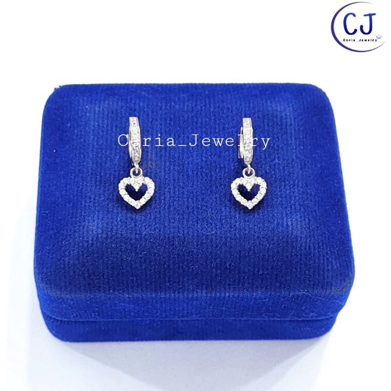 Anting Perak Asli Silver 925 Lapis Emas Putih Model Jepit Bulat Permata Gantungan Love Permata Keliling - Perhiasan Perak Wanita