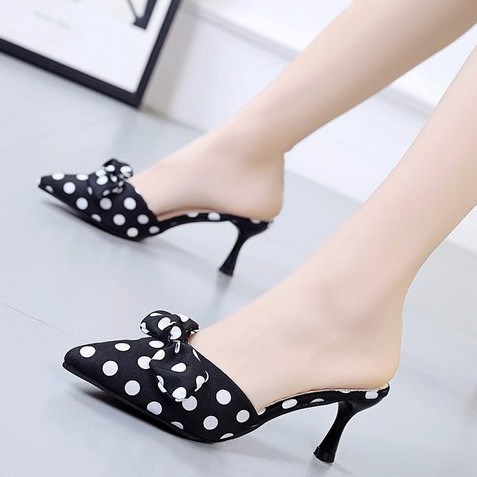 FD Sendal Hak Tinggi Cewek Korea Terbaru High Heels Motif Polkadot Sandal Wanita Kekinian HI-006