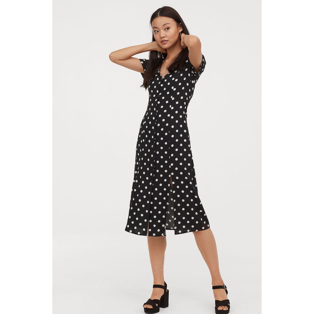 [CIS004] HnM V-neck Dress BLACK/WHITE SPOTTED