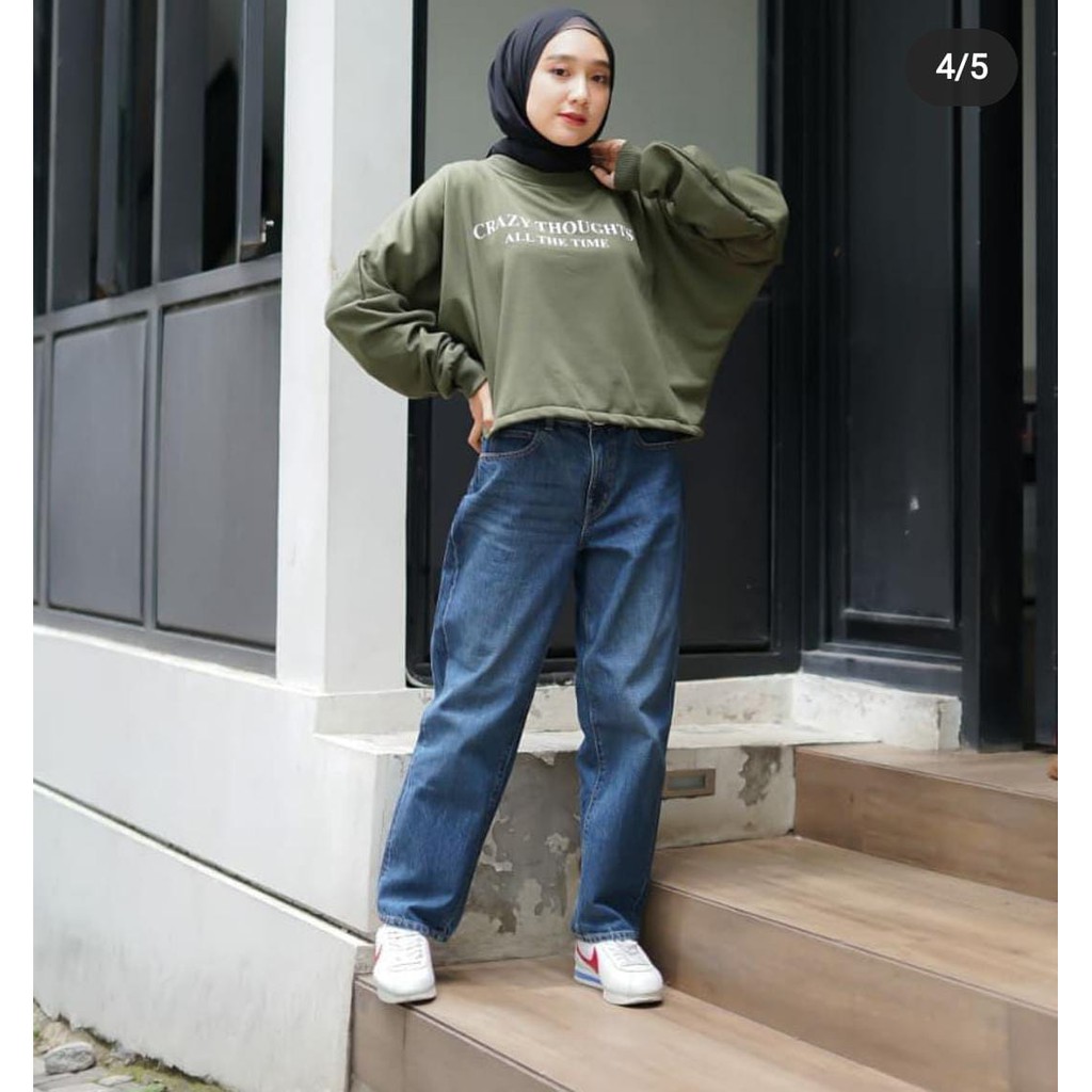 (REAL PICT) CRAZY THOUGHTS SWEATER WANITA BEST SELLING OVERSIZE BATWING Crop