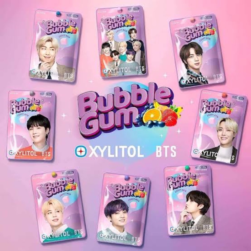 

Xylitol x BTS bubble gum limited edition sachet white bottle rasa fruit mix dan pink grapefruit flavor japan PO jepang japan permen karet lotte