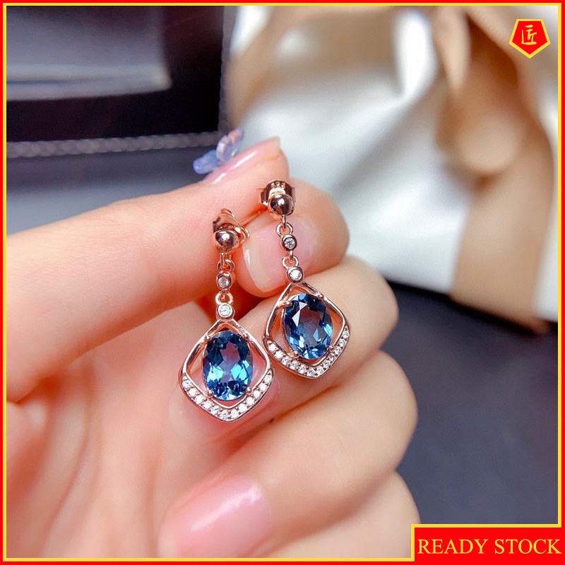 [Ready Stock]Natural Blue Topaz Stud Earrings for Women 14K Rose Gold