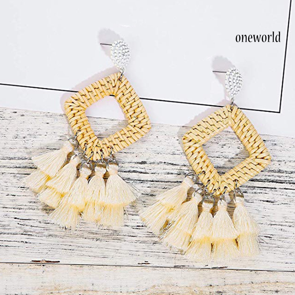 OW@ Boho Women Hollow Rhombus Rattan Woven Tassel Statement Dangle Stud Earrings