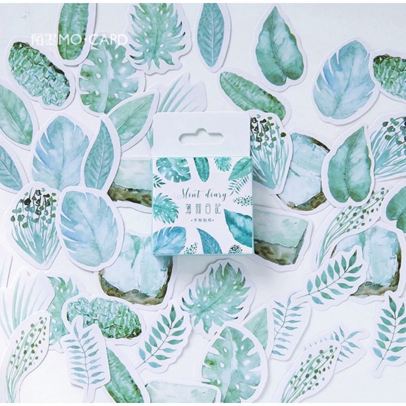 (45 PCS) STICKER AESTHETIC CUTE BOX STIKER LUCU MURAH BINATANG ORANG BUNGA SCRAPBOOK STIKER HP-Green Leaf