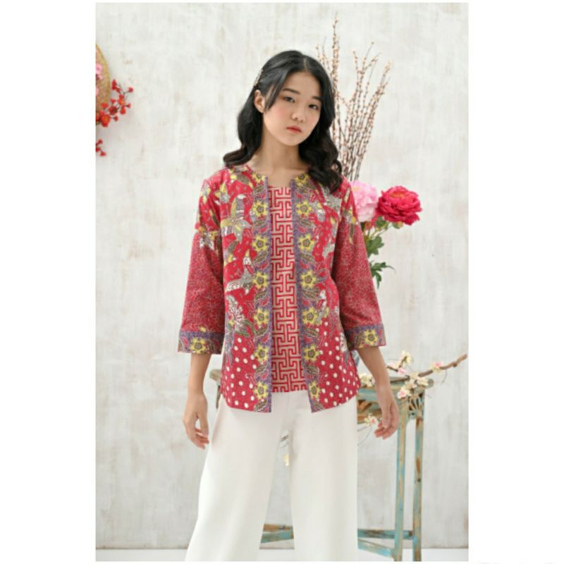 Atasan Blouse Batik Wanita Lengan 7/8 Edisi Imlek Warna Merah, 242 AUS / ACI#-4