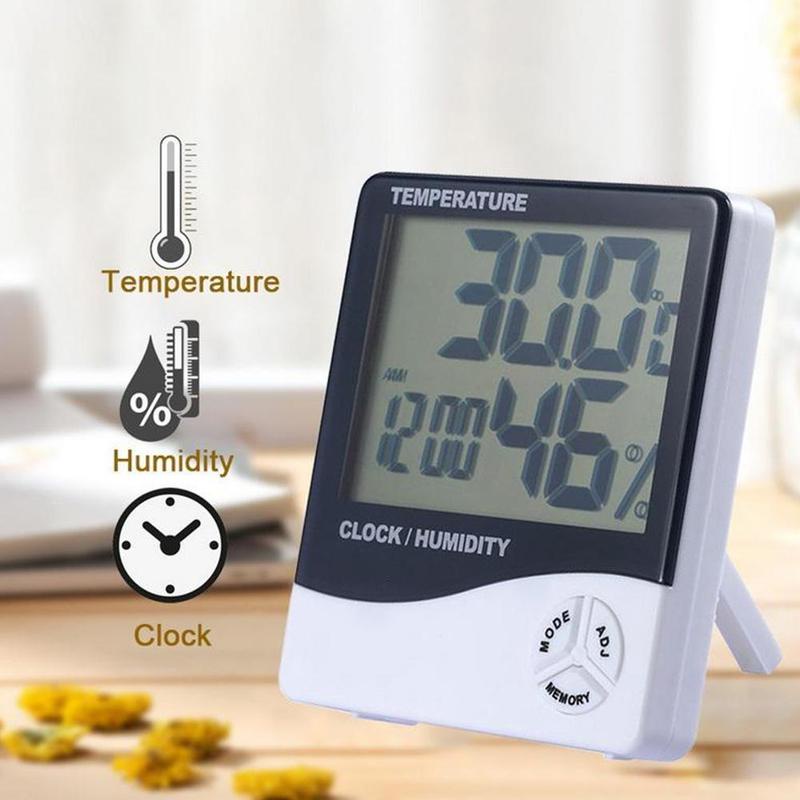 Jam Meja Digital + Suhu ruangan + Kelembaban udara Digital termometer meja Temperature Humidity Meter Digital Thermometer Hygrometer Indoor Weather Station For Home Mini Room Thermometer Temperature Humidity Monitor LCD Electronic Digital Temperature