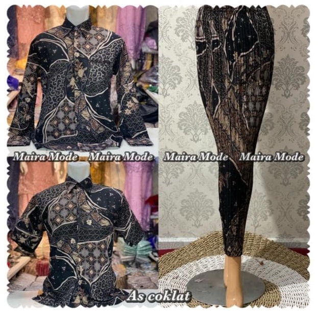 Couple batik kemeja dan rok plisket / set rok plisket dan kemeja batik / motif as coklat