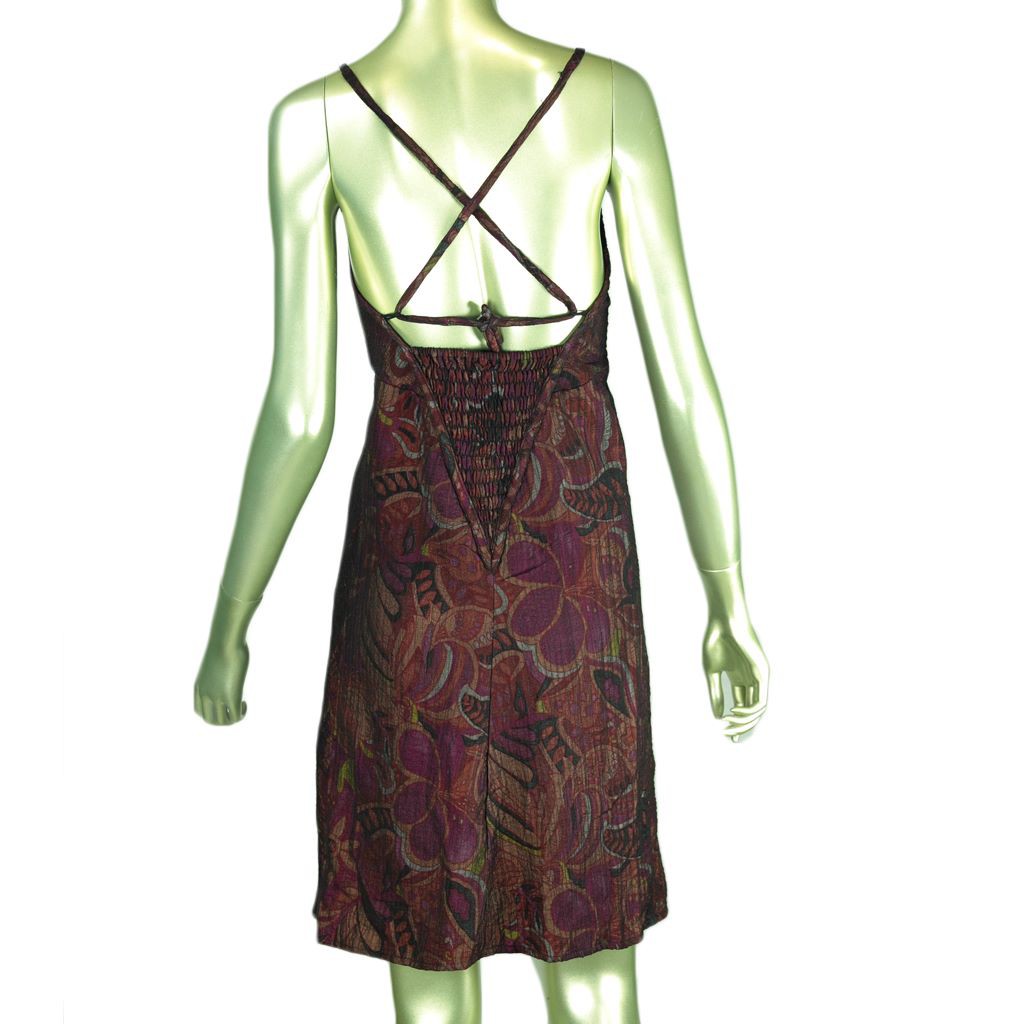 MINI DRESS BATIK MOTIF BALI FLECEE BENANG TINDIS GAUN PENDEK WANITA BACKLESS AKSEN TALI SILANG