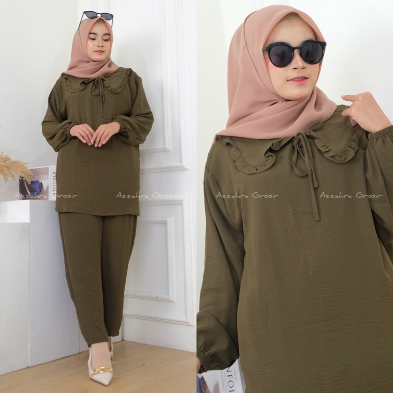 Azzahra Yuki Set Ld112 - SetCel Crinkle Jumbo Bigsize Oversize Kerah Pita tali One Set Setelan Wanita / 358-6889