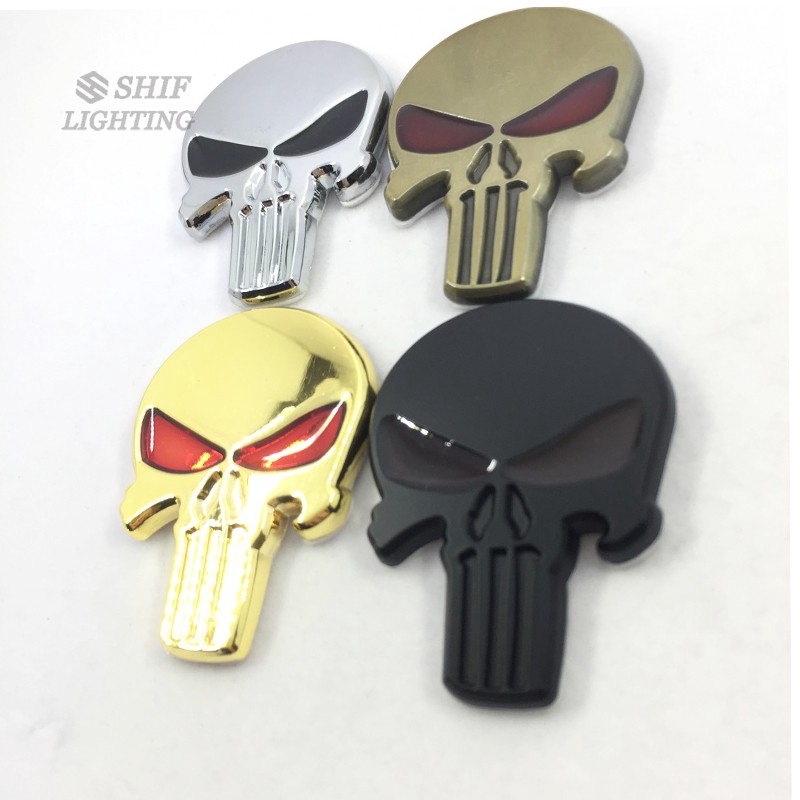 1Pc Stiker Emblem / Badge Motif Punisher Tengkorak 3D Bahan Metal untuk Body Mobil