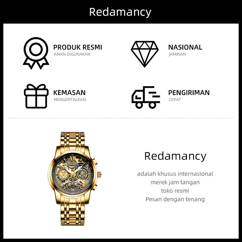 Redamancy Original Jam Tangan Pria Anti Air Watch Luxury Arloji bisnis Stainless Steel