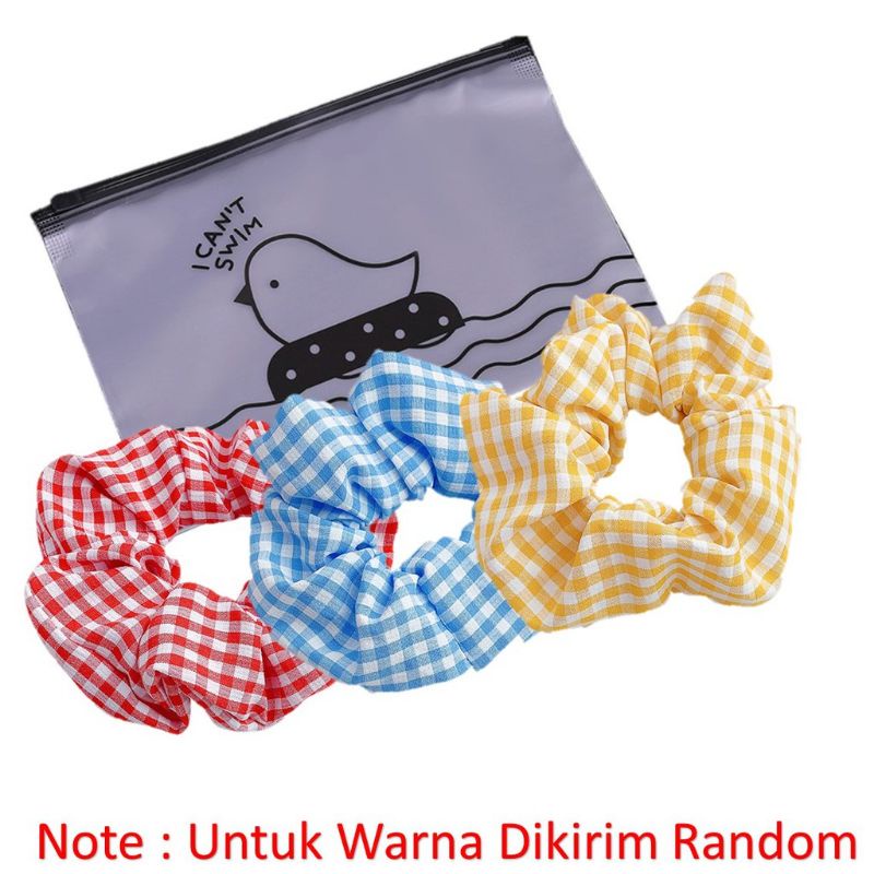 IKAT RAMBUT KOREAN STYLE SCRUNCHIE ELASTIS MOTIF KOTAK-KOTAK BAHAN KATUN ISI 3 PCS FREE POUCH