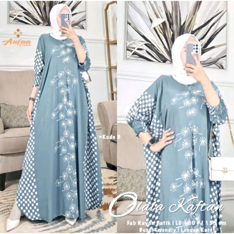 Olala Green Pine Kaftan Wanita Super Jumbo XXXXL Motif Batik Cap Encim Warna Soft Busui Resleting Ra