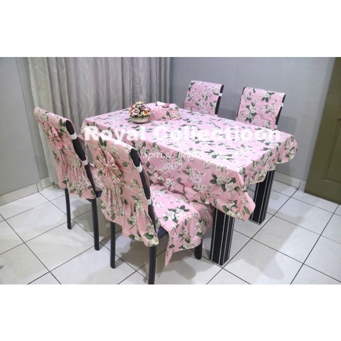 Taplak Meja Makan - Set Sarung Kursi Makan / Taplak Meja/ Ctc / Cover Kursi: Michiko Pink