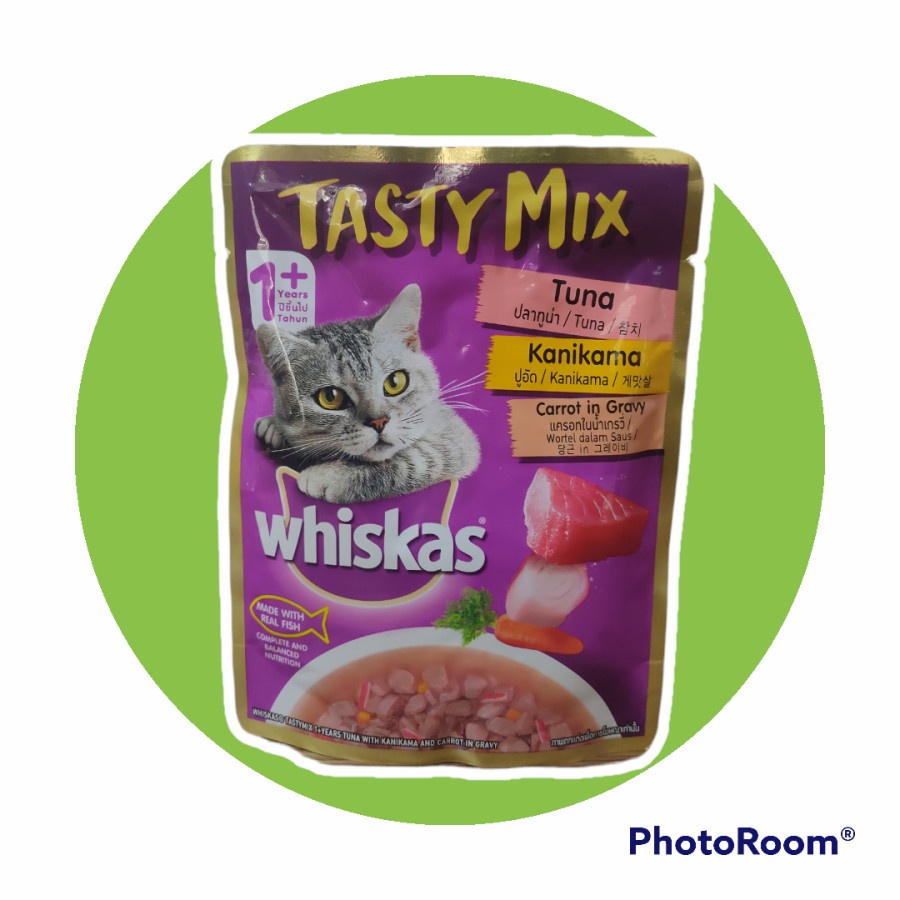 Makanan Kucing Whiskas Tasty Mix rasa Tuna + Kanikama + Carrot  fot Adult 70gr