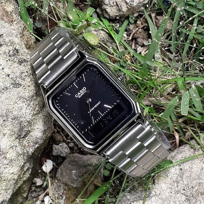 Jam Tangan Dual Time Casio Water Resist Renang - Silver plat Hitam