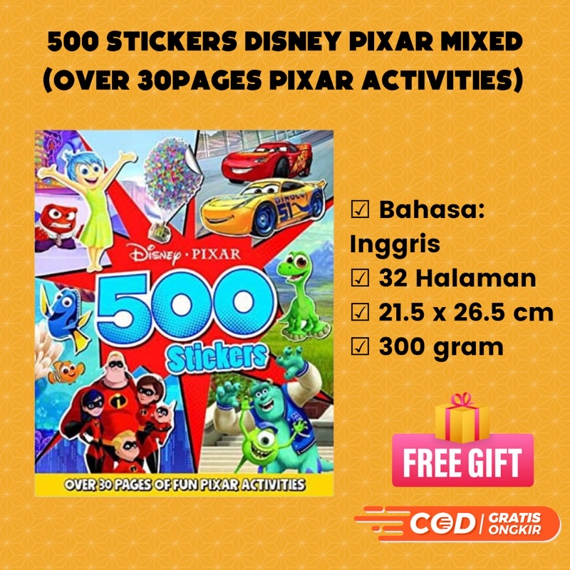 

500 Stickers Disney Pixar mixed with over 30 pages pixar activities. Buku aktivitas anak dengan 500 sticker disney pixar dengan 30 halaman aktivitas disney