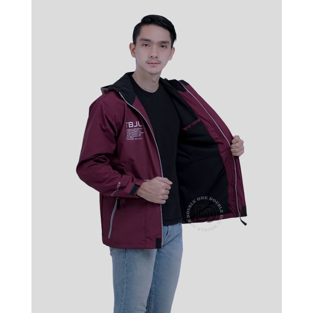 DOUBLE ONE - Jaket Pria Outdoor Taslan Original THE BOJIEL / Jaket Waterproof / Jaket Hoodie Parasut Pria / Jaket Hoodie Anti Air Maroon