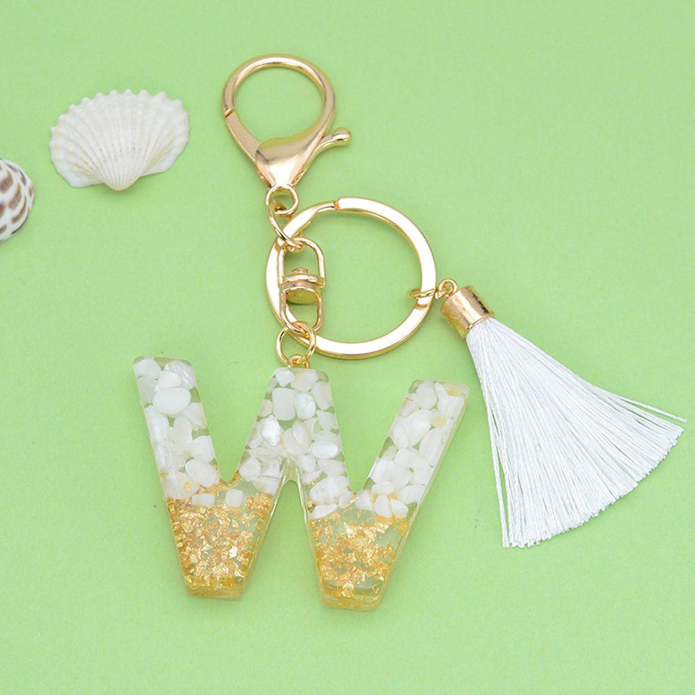 Lanfy 26huruf Gantungan Kunci Lucu Glitter Gradiasi Ornamen Perhiasan Putih Rumbai Liontin Kristal Alfabet Key Chain