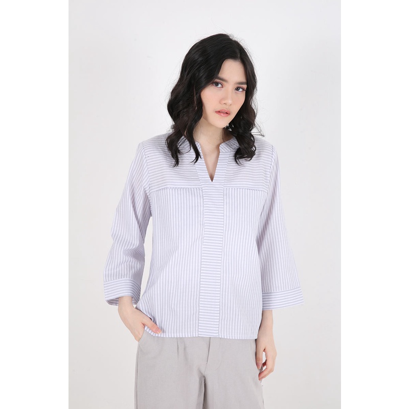 Sorabel - Kenyia Stripe Collar Neck Basic Blouse / Kemeja Wanita Lengan Panjang-6