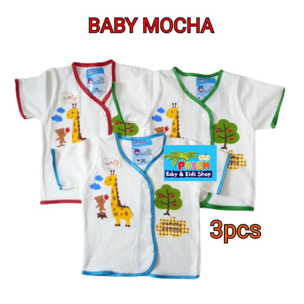 Baby mocha baju pendek bis putih isi 3pcs motif M 0-3&amp;L usia 3-6bulan