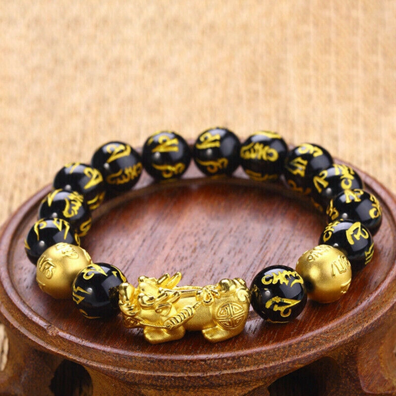 Gelang Feng Shui Warna Hitam Obsidian Pi Xiu Bahan Alloy Ukuran 10/12mm