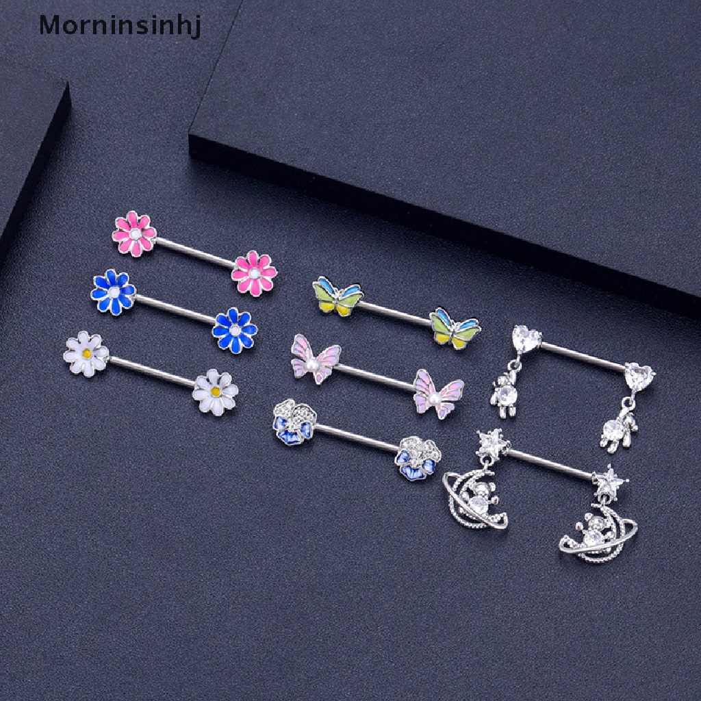 1 Pasang Cincin Tindik Puting Payudara Desain Butterfly Flower Bear Barbel Bahan Baja