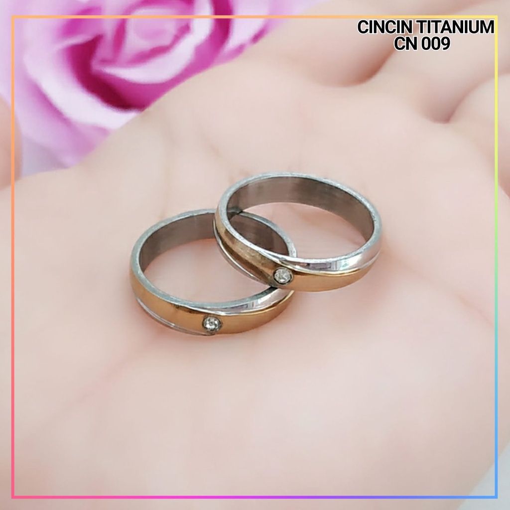 Cincin Titanium/stainless steel couple harga/1biji cincin tunangan 2 warna mata satu permata perhiasan lapis emas gold CN 009