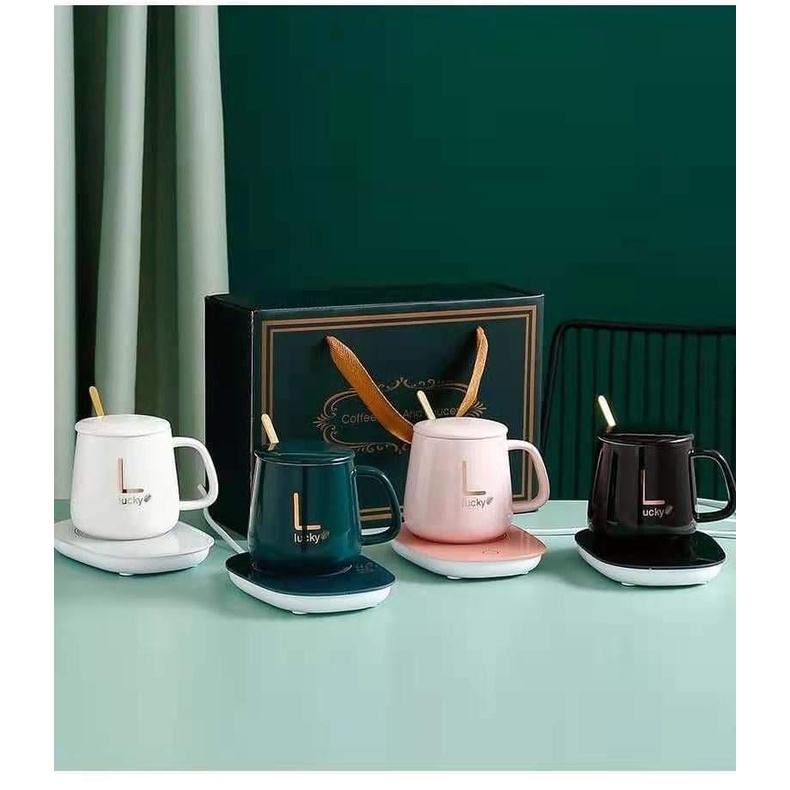 New Coffee Mug Warmer with Spoon gelas kopi lucky, Auto Shut on/Off Beverage Warmers Plate Electric 