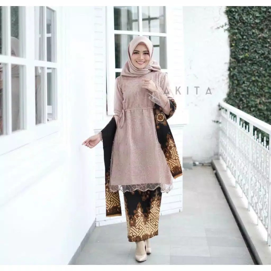 Zola_batik Batik Coupel Brokat Tile Selendang Alika Brown Azzura High Quality