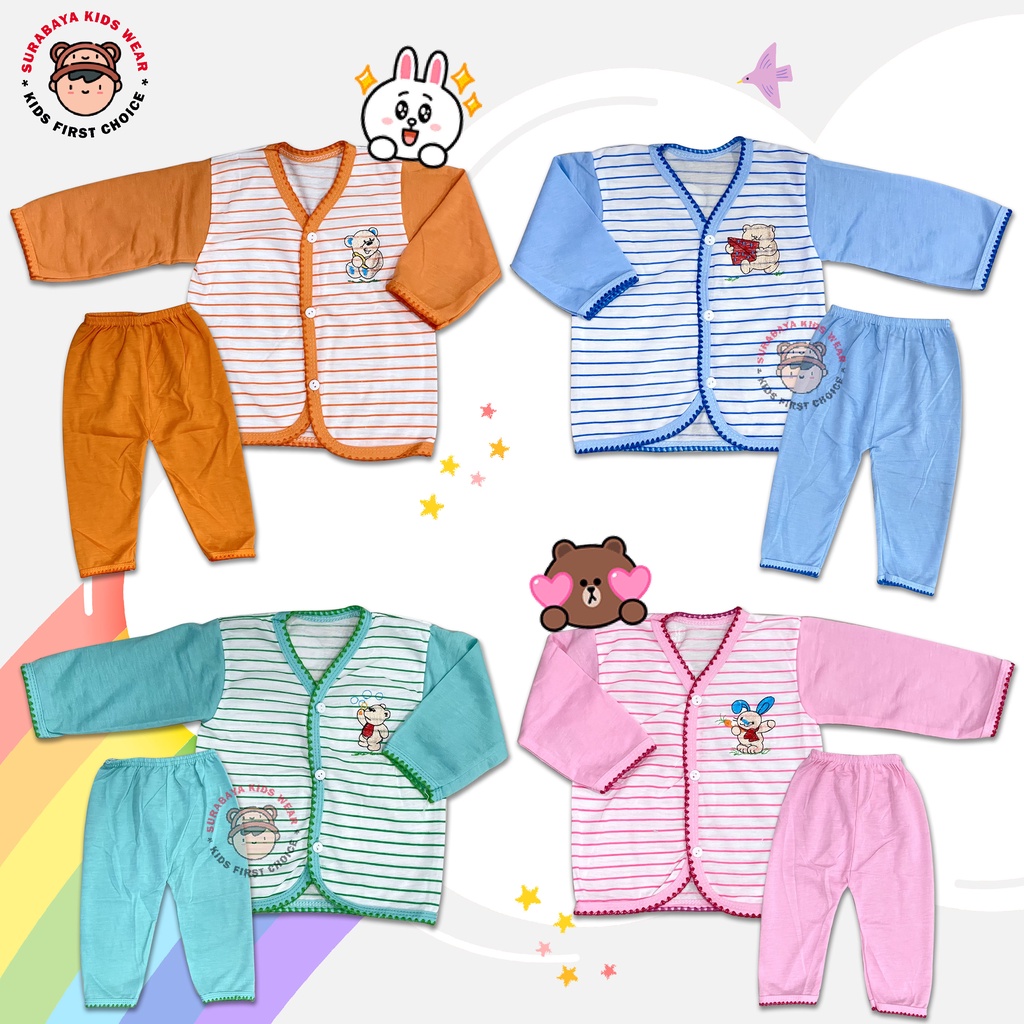 Piyama / Baju Tidur Anak Warna Kancing Motif Garis Bordir Hewan