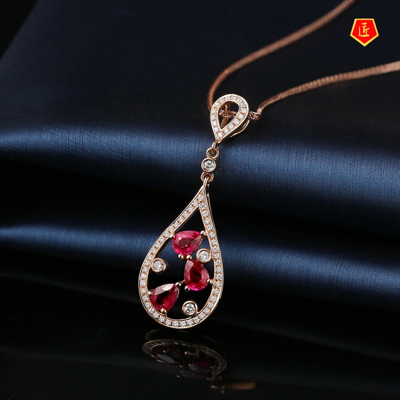 [Ready Stock]18K Rose Gold Necklace Women's Elegant Three-Color Gem Drop-Shaped Pendant