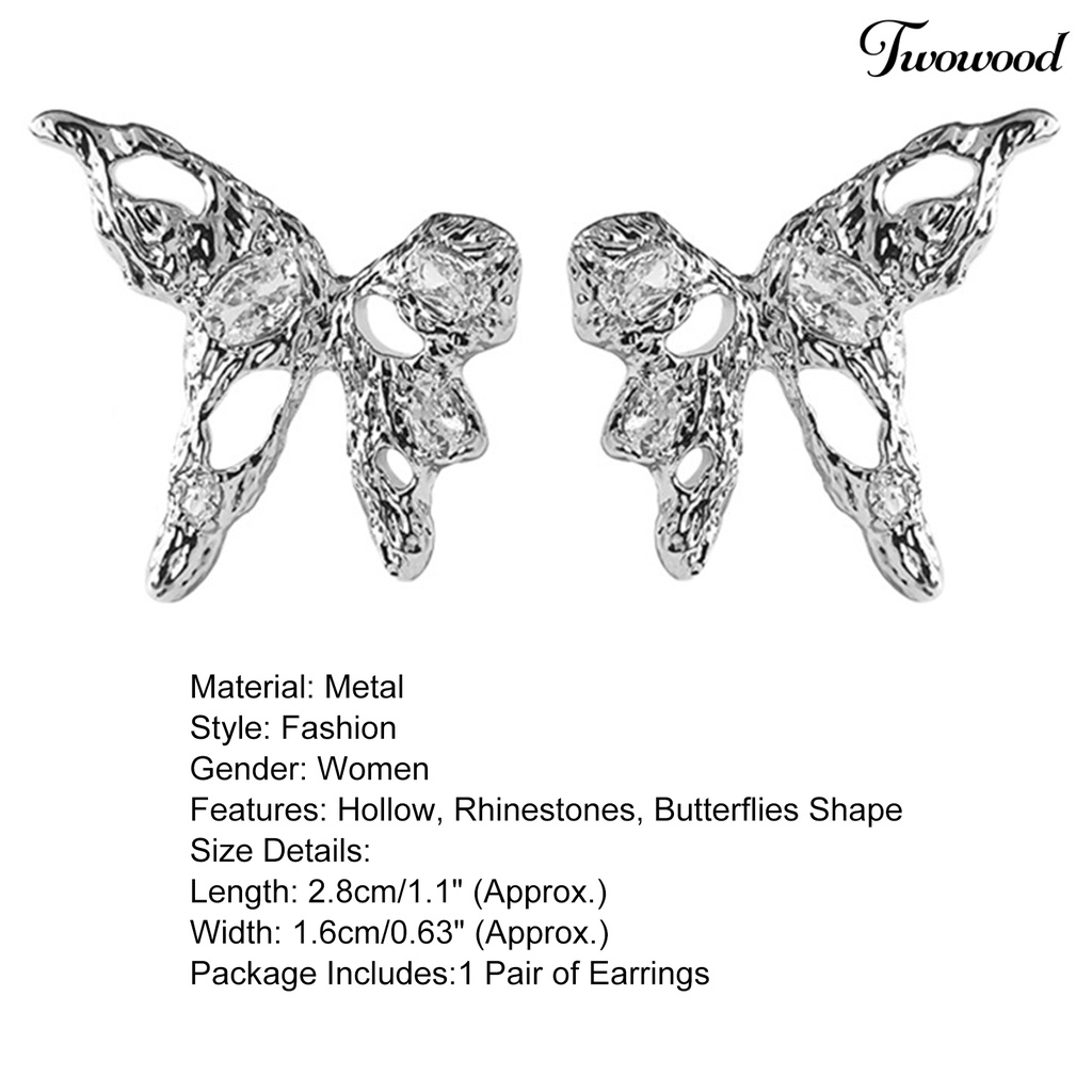 1 Pasang Anting Stud Desain Kupu-Kupu Aksen Berlian Imitasi Model Hollow Bahan Metal Untuk Aksesoris