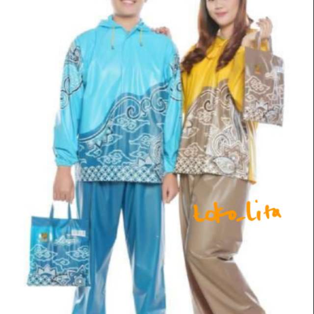 Jas Hujan Wanita Pria Dewasa Jaket Celana Stelan Motif Batik Indonesia Merk Tiger Head ( Baju + Celana )