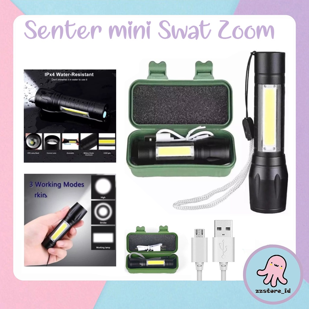 Senter 3 Mode SWAT Police Mini XPE COB Led Zoom Light Recharge