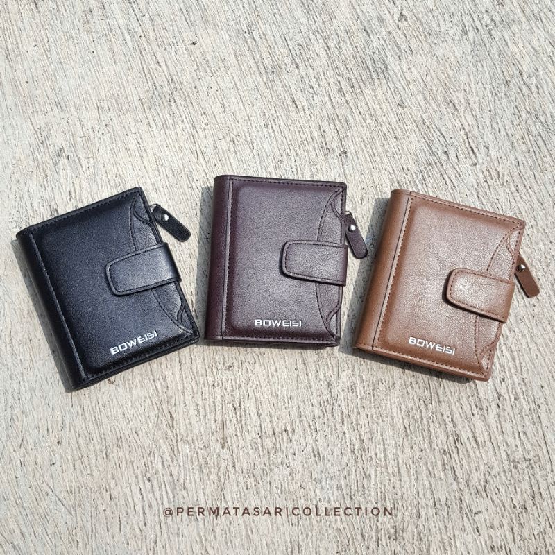 Dompet Kulit Sintesis Small Kecil Lipat Standar Pria Wanita Boweisi 15 Slot Hitam Cokelat Premium