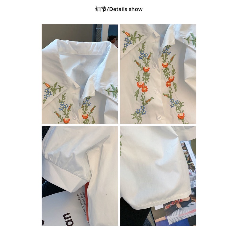 #Sisjuly# Desain bordir kemeja pendek wanita musim panas baru Perancis niche chic retro gaya Hong Kong atasan