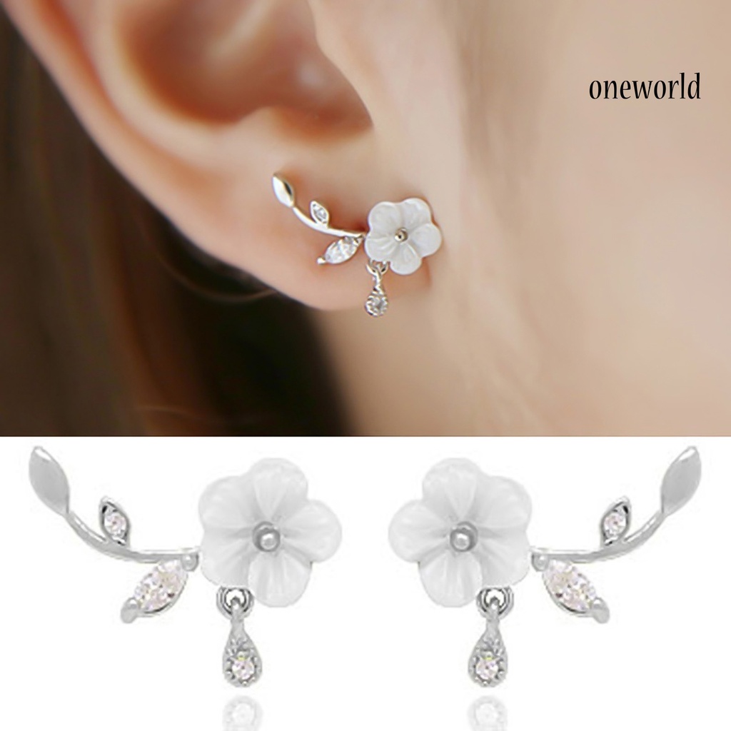 OW@ Earrings Flower Leaves Shape Design Beautiful Alloy Rhinestone Inlaid Ear Stud for Daily Life