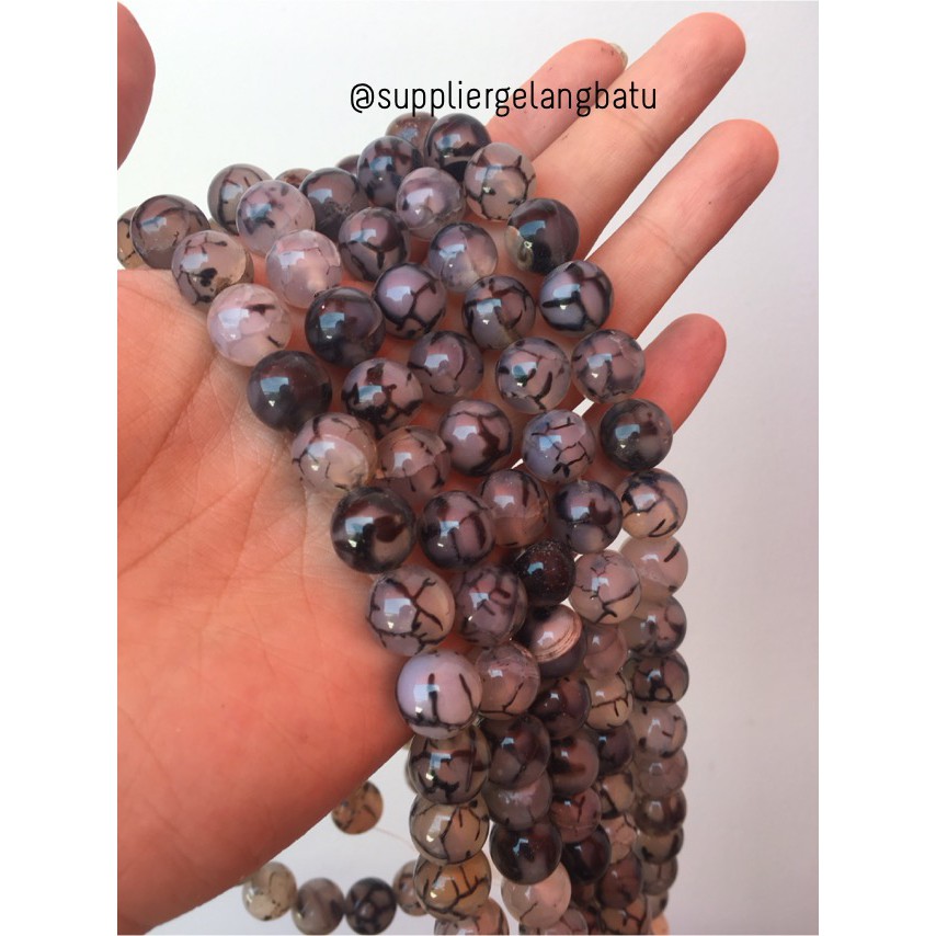 batu kalung gelang rhodolite dalmantion corak natural akik 12mm corak hitam putih black white fesyen