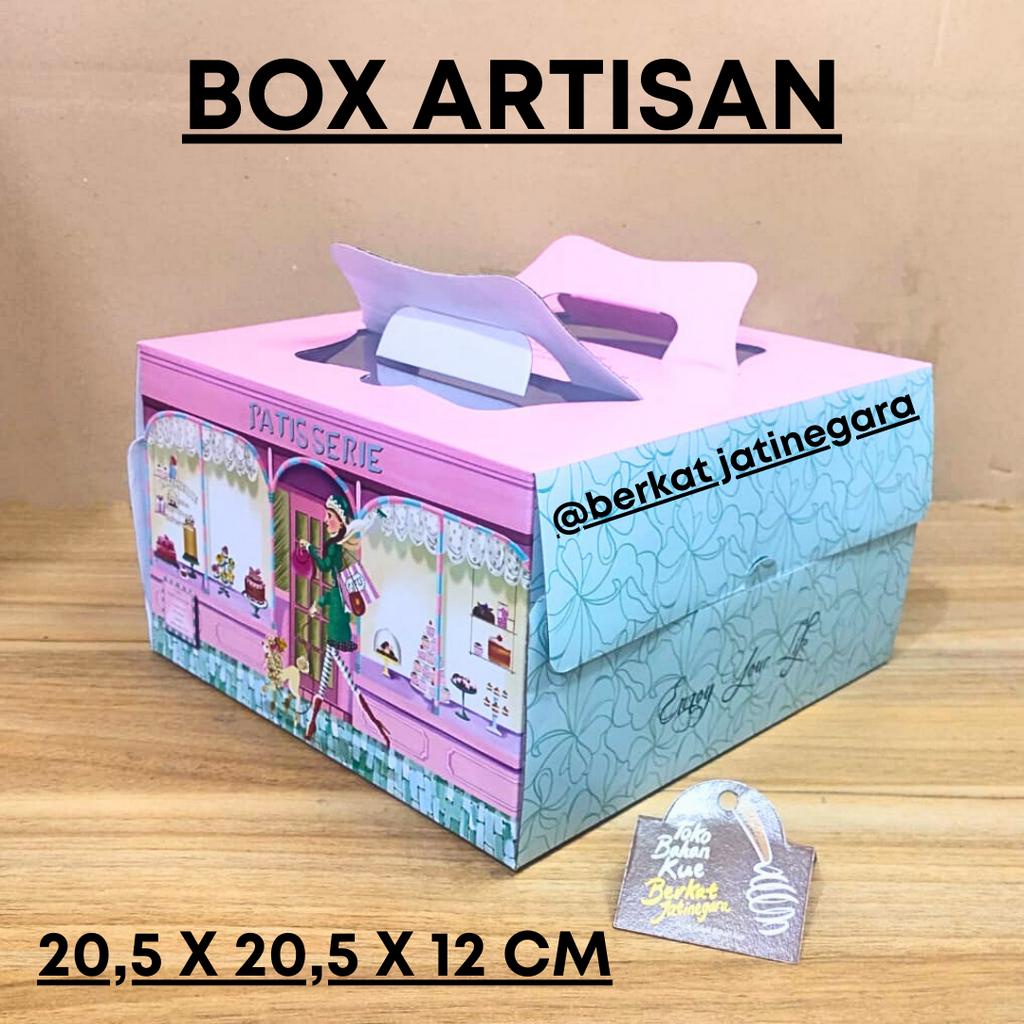 DUS/BOX/KOTAK/CAKE BOX HANDLE /BOX CAKE ARTISAN /DUS KUE 20,5 X 20,5 X 12 CM /PCS