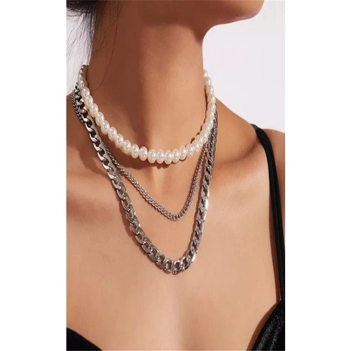 Kalung Rantai Korea Triple Layer Susun Mutiara Korean Pearl Multilayer Necklace Kalung Susun Tumpuk