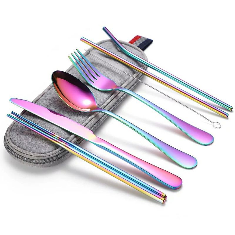 Set Sendok Travel Sendok Alat Makan Garpu Sumpit Sedotan Stainless